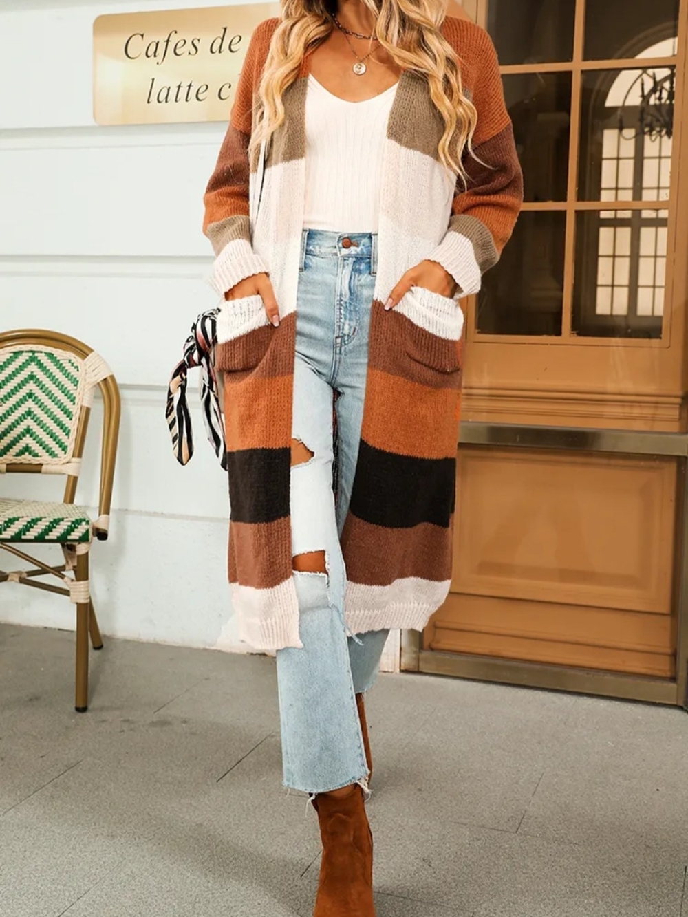 Cupshe Long Striped Open-Front Cardigan in Brown, Cream & Black
